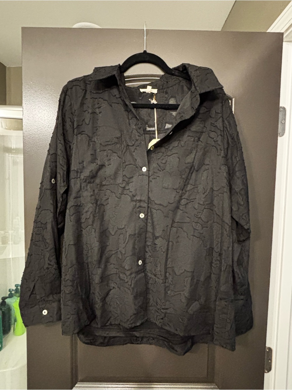 Black Textured Button-Front womens button up shirt